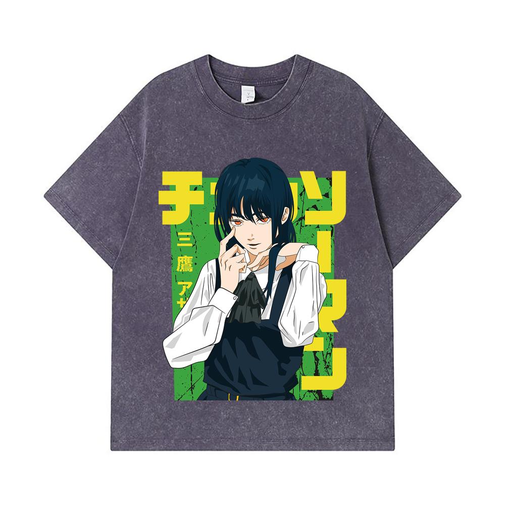 275 GSM Washed T-shirts 100% Cotton Chainsaw Man V59 Asa Print Unisex Heavy Cotton T Shirt