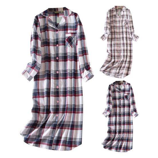 Lady Nightgown Heart Plaid Printing Turn-down Collar Single-breasted Knee Length with Chest Pocket Loose Nightdress Autumn Homewear Spring Sleepwear