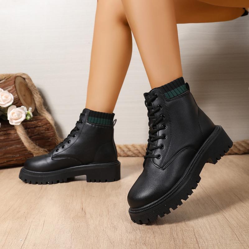 Полусапожки до бедра Осень Новые Круглый носок Передняя шнуровка Платформа Нескользящие Износостойкие Ботильоны на блочном каблуке