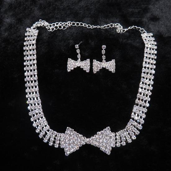 Блестящие стразы с бантом, клипсы/серьги-гвоздики, ожерелье, комплект свадебных украшений