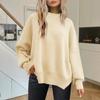 Women Fall Winter Sweater Crewneck Solid Color Split Hem Thick Warm Soft Elastic Loose Pullover Long Batwing Sleeve Lady Cozy Sweater