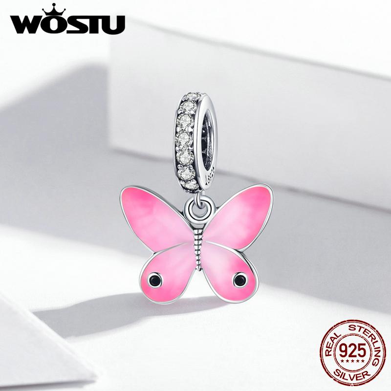 WOSTU Эмалированная розовая бабочка из стерлингового серебра 925 пробы, подвеска-подвеска, подходит для оригинального серебряного браслета для девочек, ювелирные изделия своими руками
