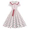Women Party Dress Vinatge Big Hem Contrast Color Dot Print High Waist with Belt Back Zipper