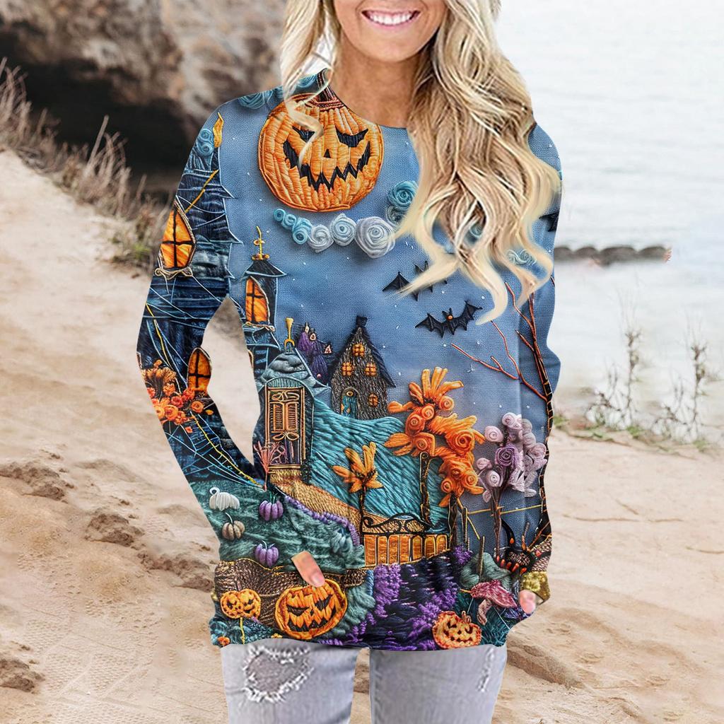 Женская модная повседневная футболка с круглым вырезом и принтом, длинными рукавами и карманами