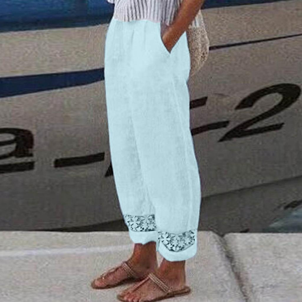 Женские повседневные однотонные кружевные девятиминутные брюки, свободные прямые брюки с эластичной резинкой на талии, удобные карманные девятиминутные брюки