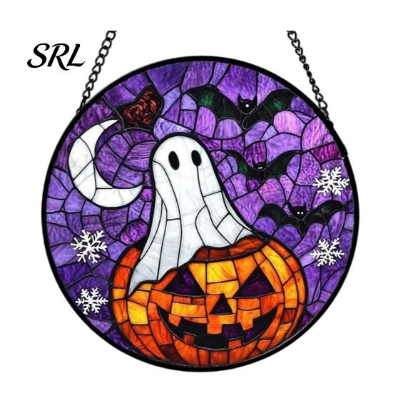 Horror Party Atmosphere Supplies Retro Halloween Pendant, Ghost/Bat/Spider Web/Pumpkin Head Print, Acrylic Disc Wall Decor Vintage Hanging Ornament