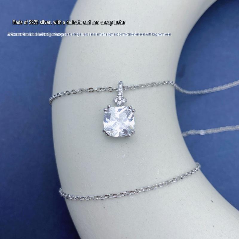 Серебряное ожерелье S925 с квадратным фианитом: Корейский стиль, Легкая роскошь, Универсальная женская мода