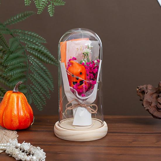LED Clear Dome Pumpkin Night Light Halloween Pumpkin Figurine In Cloche with LED Light for Home Kitchen Mantel Tabletop Decor