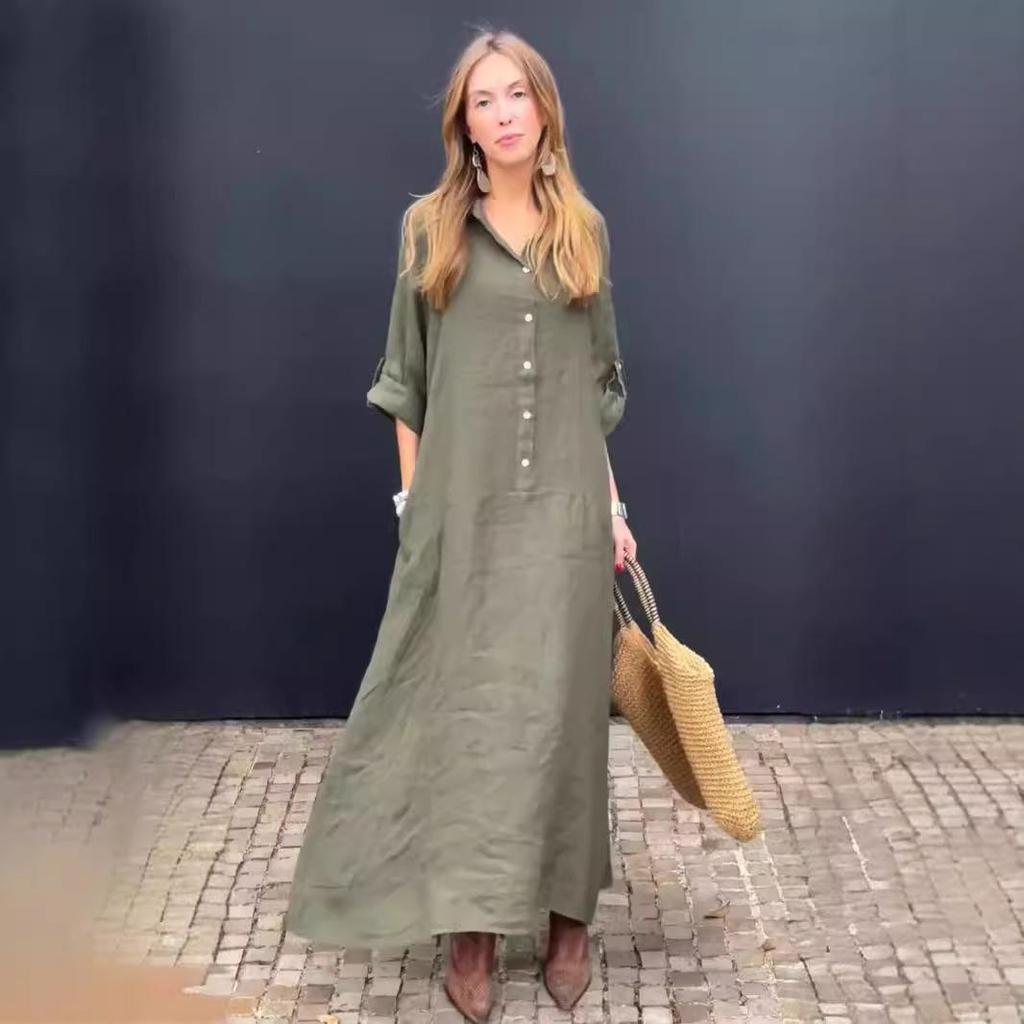 Летнее повседневное женское платье большого размера из хлопка и льна с карманами и воротником-рубашкой