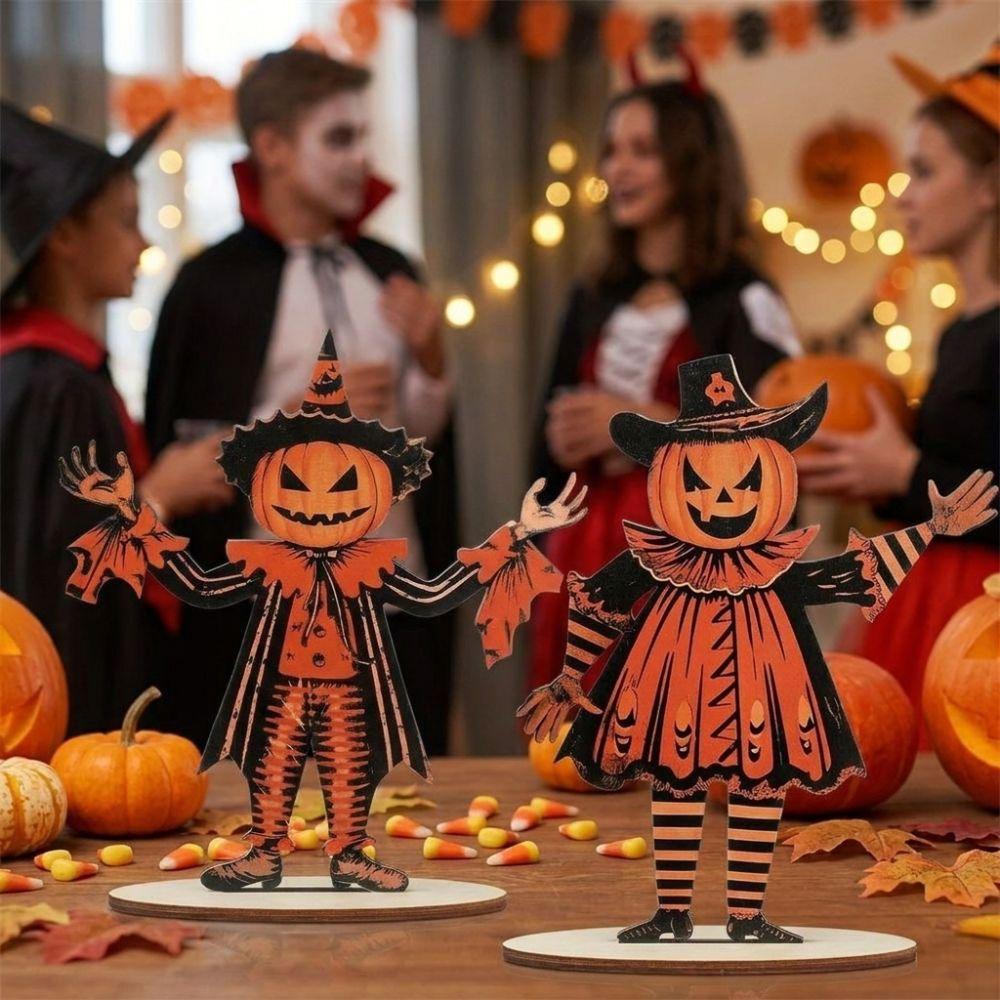 3Pcs 2D Flat Pumpkin Man Tabletop Decor Wooden Pumpkin Scarecrow Party Sign Tabletop Display