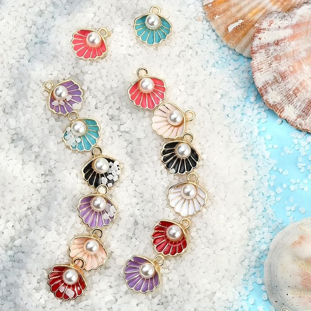 10/20/30pcs Alloy Material 8-color Clam Shell Pendant with Plastic Decorative Beads, Used for Necklace and Jewelry Making