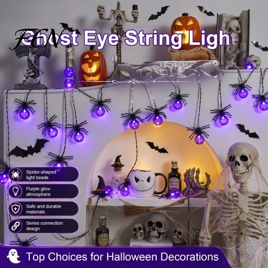 Creative Holiday Wall Hanging Decor 10/20FT Halloween String Light, Battery Powered Purple LED Large Spider/Bat Garland, Spooky Small Spider