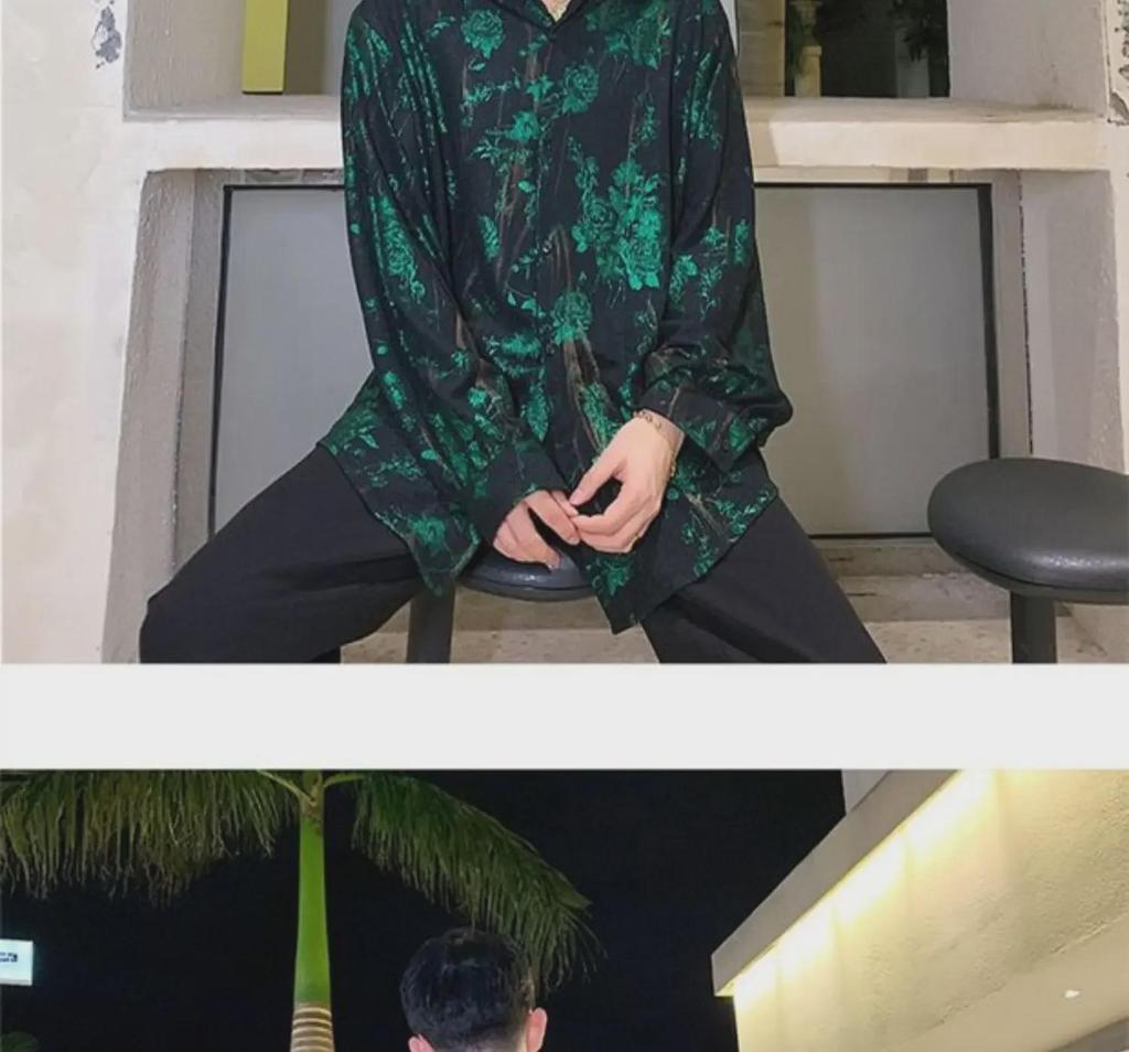 Men's Retro Rose Print Loose Western-Style Shiny Shirt for Trendy Hairdressers