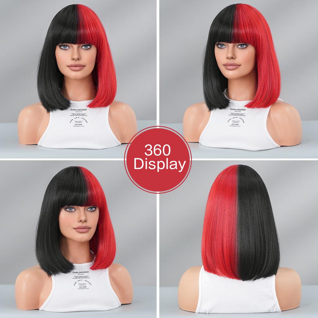 Half Black Half Red Bob Wig for Women - Full Bangs Short Straight Hair, Halloween Party Cosplay Street Style Two-Tone Full Cap Wig