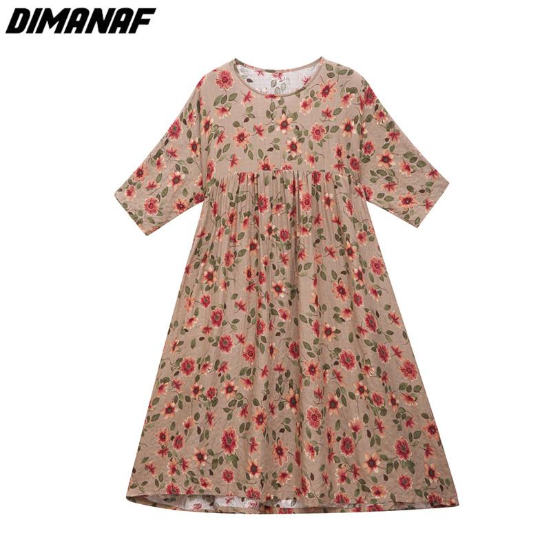 Dimanaf Женское платье больших размеров, новинка 2023 года, летнее стильное платье, свободное платье с длинным рукавом и круглым вырезом с цветочным принтом, зеленые льняные базовые платья