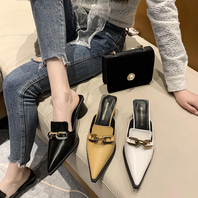 Fashion New Summer Luxury Women Black High Heels Slippers Close Toe Block Heels Mules Designer Slip On Loafers Slides Party Shoes