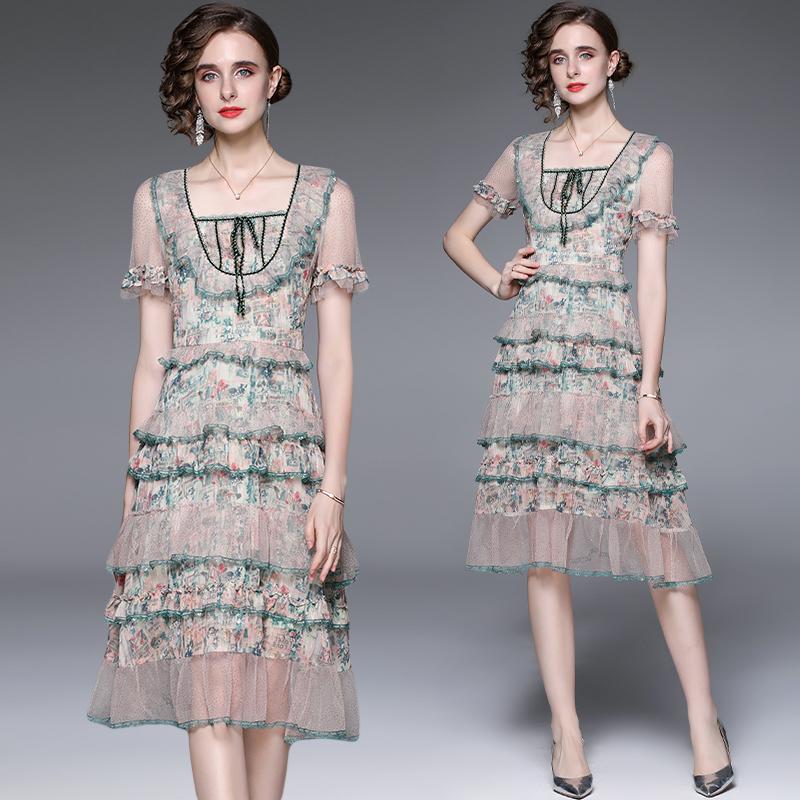 Летнее платье с коротким рукавом для автопортрета, женское сексуальное платье с квадратным воротником и оборками из сетки, дизайнерское подиумное вечернее платье миди