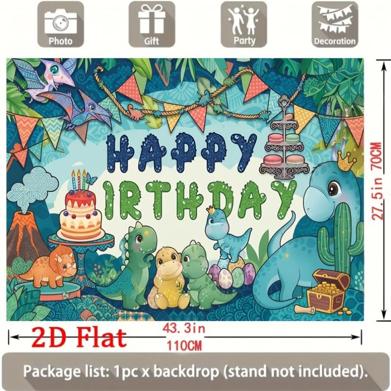 Whimsical Jungle-Themed Dinosaur and Cake Celebration with Colorful Bunting Flags, Happy Birthday Slogan, Ideal for Family Birthday