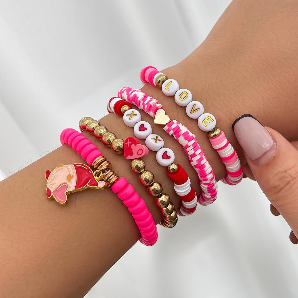 Salircon 5pcs/set Trendy Peach Heart Lips Charm Bracelet for Women Romantic Pink Red Soft Ceramic Bracelet Valentine's Day Gift