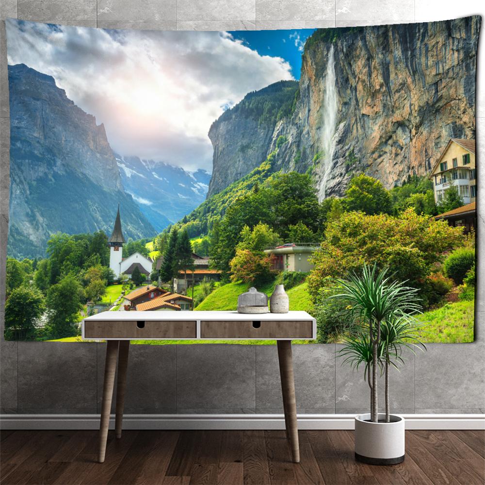 Дом на вершине холма, гобелен, подвесной природный пейзаж, богемный хиппи, эстетическая комната, гостиная, домашний декор