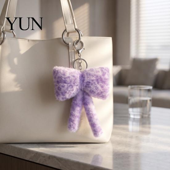Leopard Pattern Charm Print Plush Bow Keychain, Fluffy Bowknot Bag Ornament with Lobster Clasp, Women Girls Handbag Decorative Accessory Metal