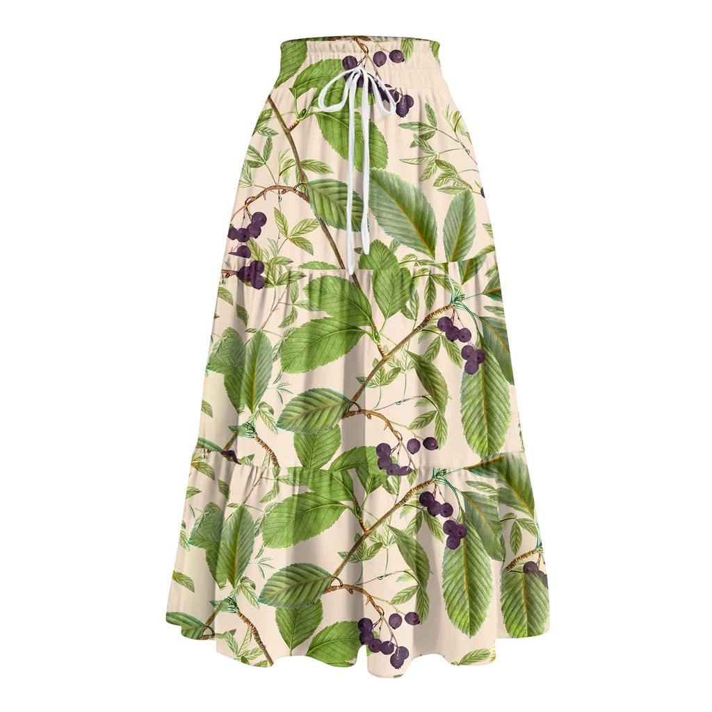 Women's Ruffled Spring Casual Long Skirt Plain Color Skirt Retro Pleated Skirt