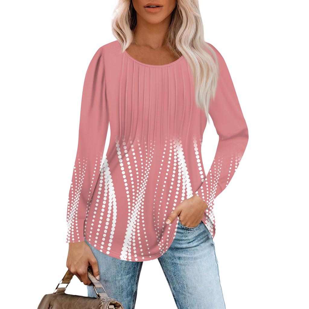 Рубашки с длинным рукавом для женщин, топы, нарядные повседневные блузки, плиссированные топы-туники с круглым вырезом
