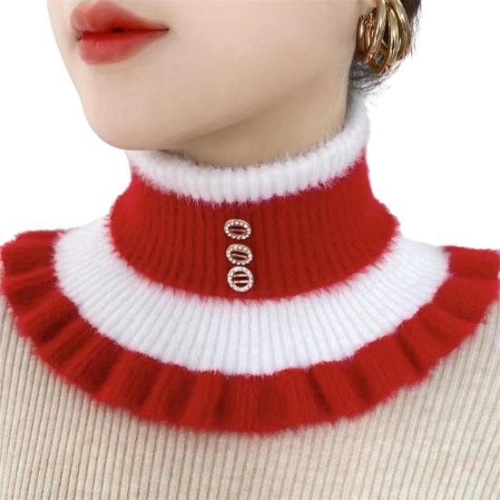 Women Winter Scarf Fake High Collar Color Matching Ruffle Rhinestone Decor Knitted Elastic Warm Windproof Neck Protection Decorative Neck Warmer KTB