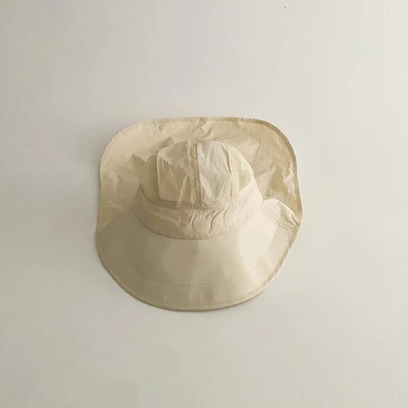 Летняя шляпа от солнца однотонная для мальчика девочки корейская с большими полями шляпа рыбака детская быстросохнущая сетчатая защита от УФ лучей пляжная кепка с защитой шеи