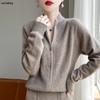 Женский кардиган в европейском стиле, 100% шерсть, вязаный, куртка с длинными рукавами и воротником-стойкой, застежка-молния, теплый свитер для осени/зимы.