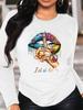 100% pure Polyester women's spring and autumn casual fashion long sleeved lip print letter graphic printed round neck T-shirt
