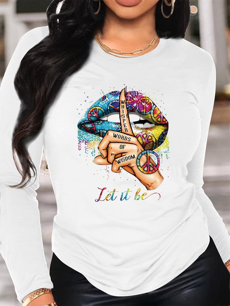 100% pure Polyester women's spring and autumn casual fashion long sleeved lip print letter graphic printed round neck T-shirt