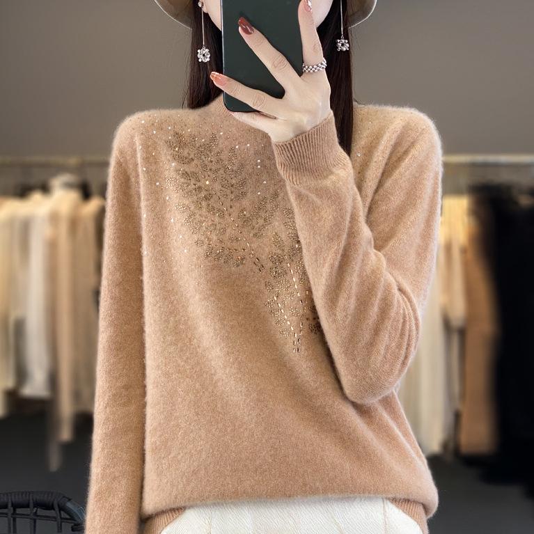 Осень/Зима Женский Полуводолазный Свитер Свободный Пуловер Со Стразами Трикотаж Мягкий Трикотажный Топ
