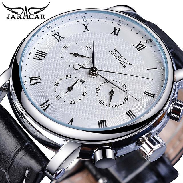 Men's Jaragar Automatic Mechanical Watch with Roman Numerals Dial Week & Date Display Three Hand Six Needle Design Classic Style