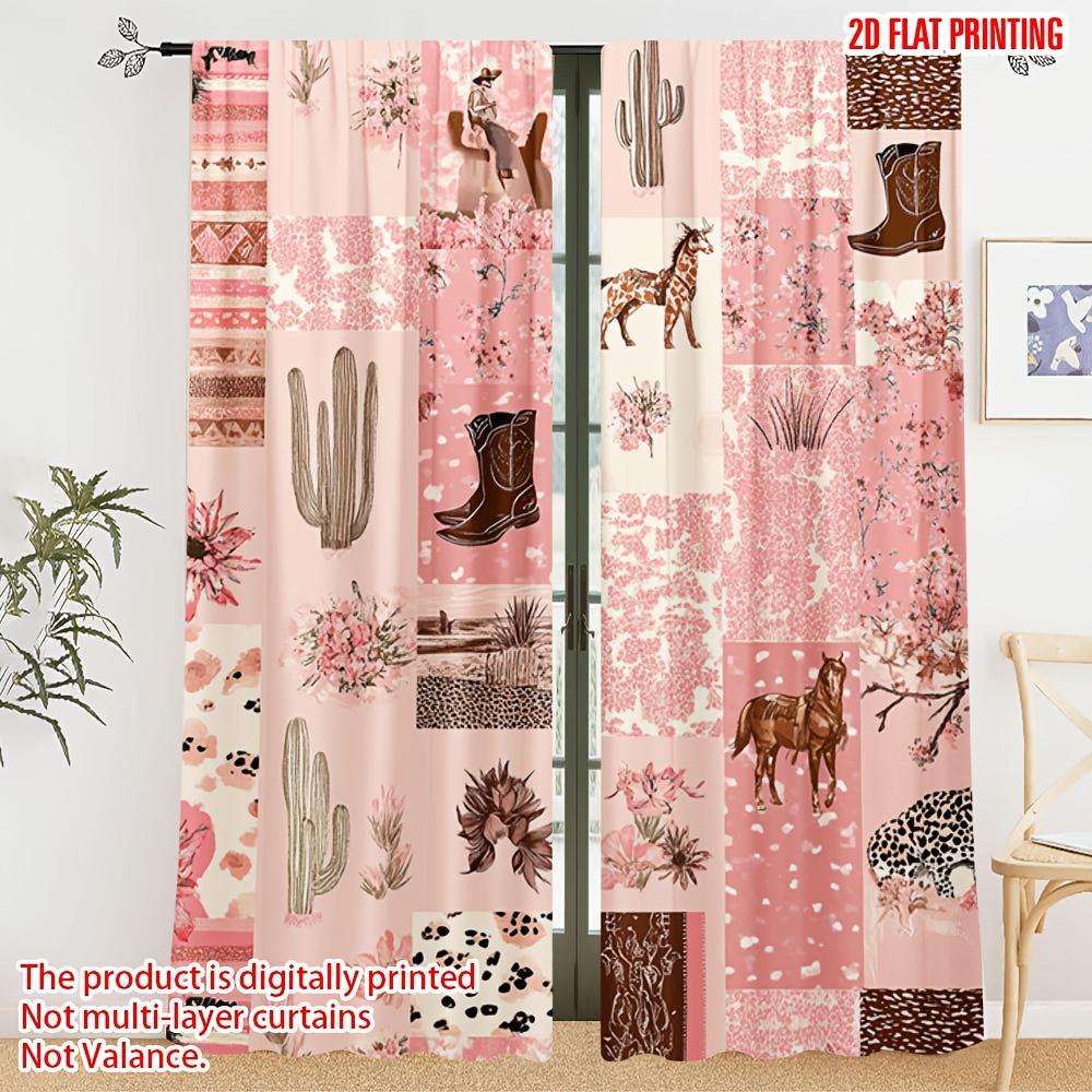 2PCS Digital Print Curtains, Western Desert Cactus Floral, Cowboy Style