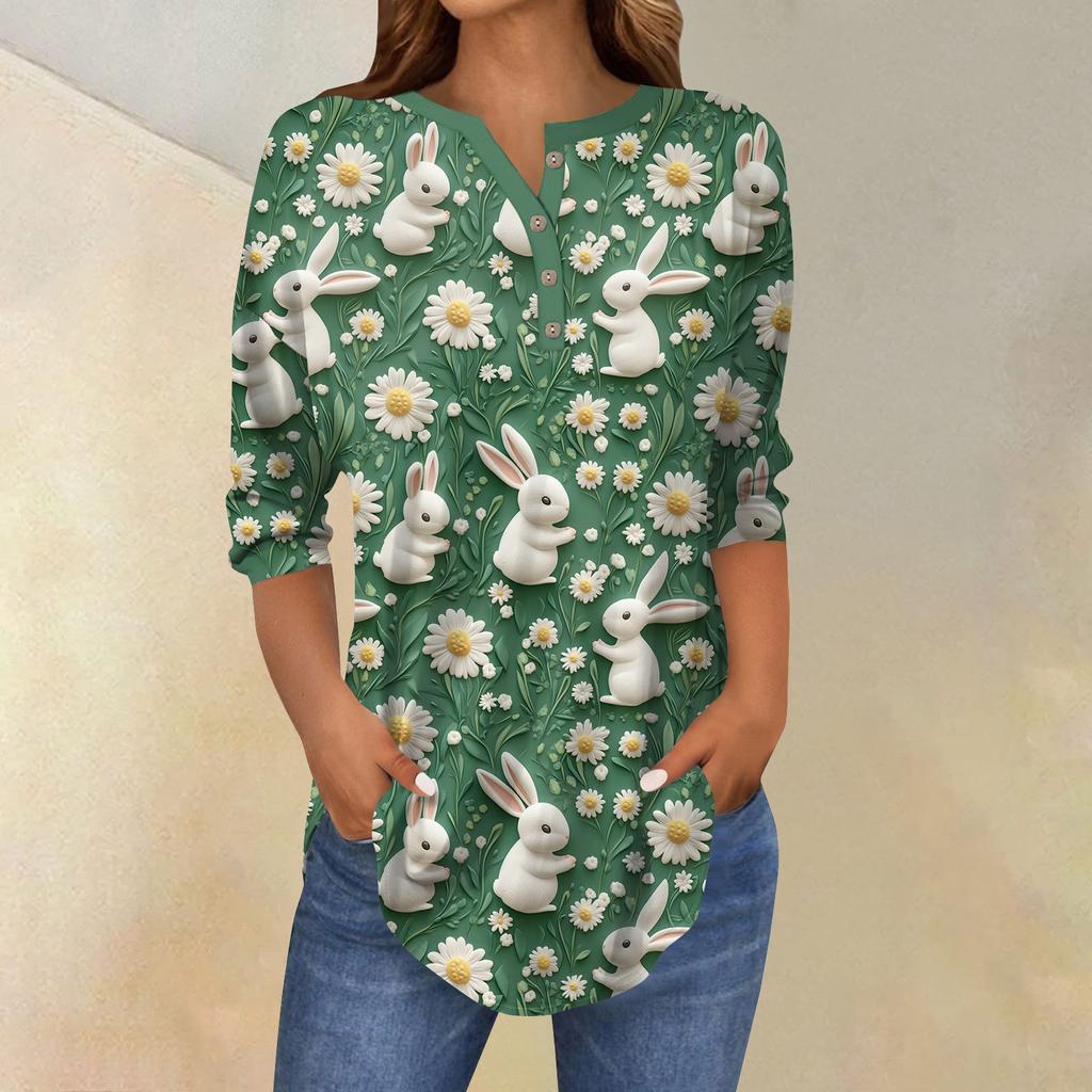 Women's 3/4 Sleeve Easter Egg Bunny Print Button Collar Fashion Casual Top