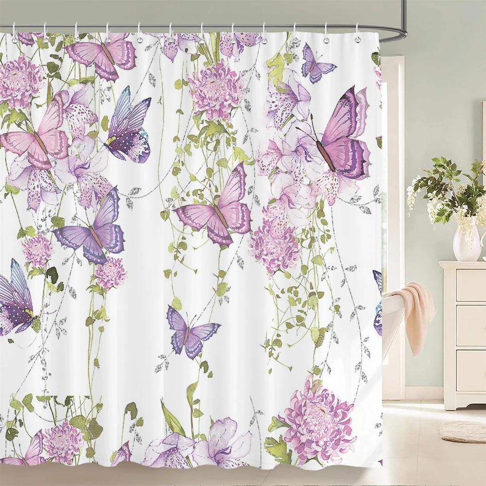 Flowers Butterfly Shower Curtain Fantasy Art Rose Floral Girls Waterproof Fabric Bathroom Curtain Room Decor Curtains With Hooks