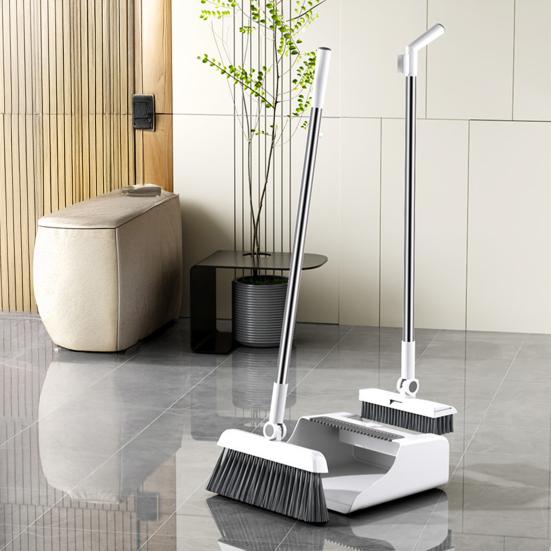 Broom with Dustpan Combo Set 3-in-1 Cleaning Tool Adjustable Long Handle Self-Cleaning Dustpan Teeth Indoor Outdoor Push Broom Dustpan Set