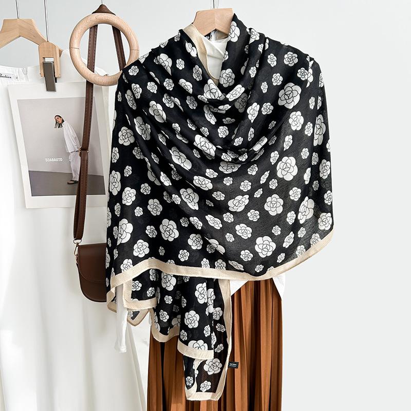 New Camellia Black and White Silk Scarf Cotton and Linen Feel Scarf Autumn and Winter Warm Fashion Shawl Scarf
