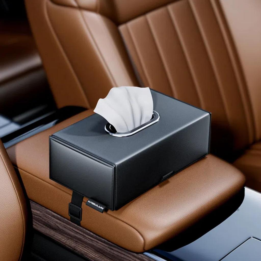 Leather Car Tissue Case, Magnetic Closure, Metal Throat Blocking, Headrest/Sun Visor, Interior Felt Design,