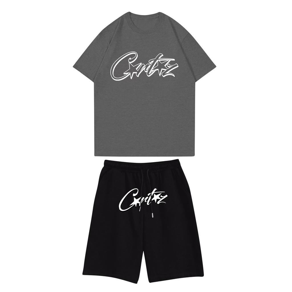 Унисекс комплект для бега, летняя повседневная футболка с короткими рукавами и круглым вырезом с принтом + шорты, спортивный костюм