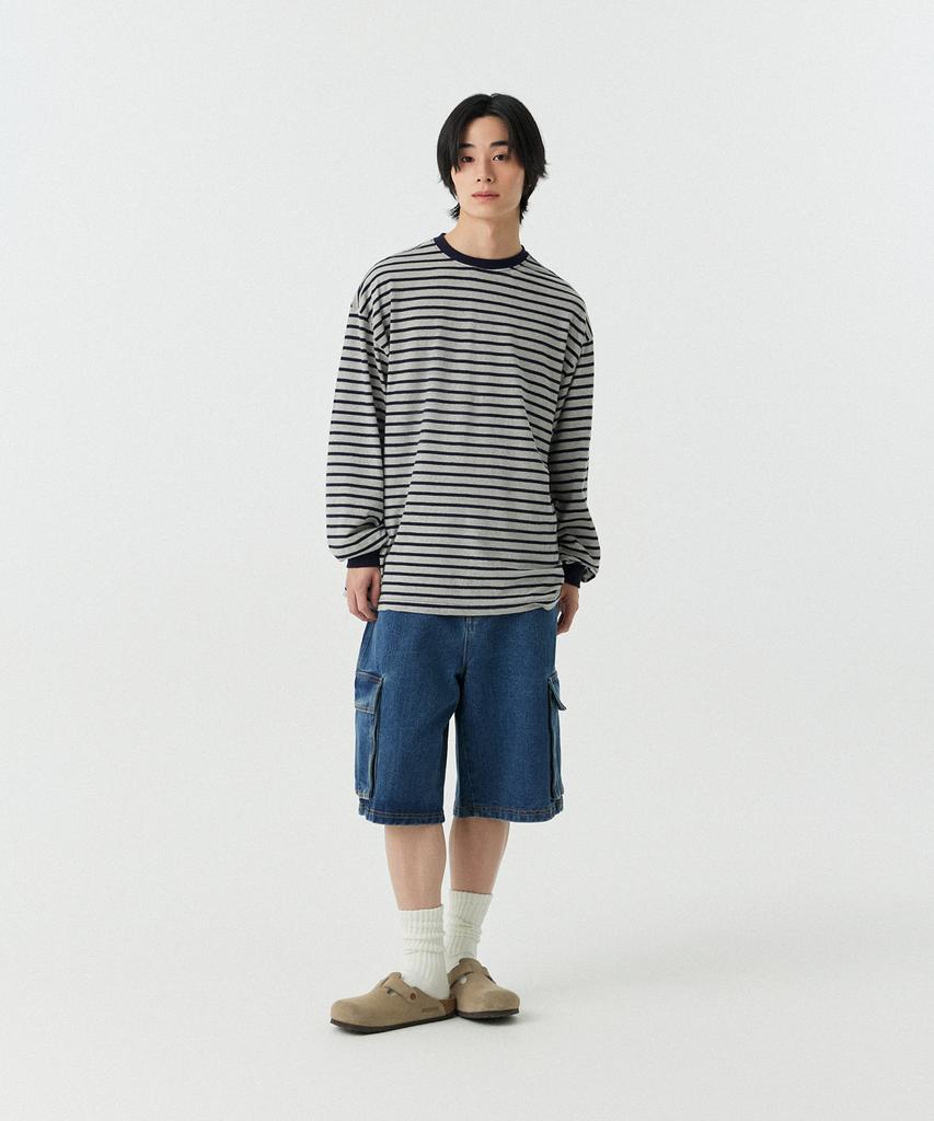 STENDS [M~4XL] Полосатая футболка с длинным рукавом_Серый