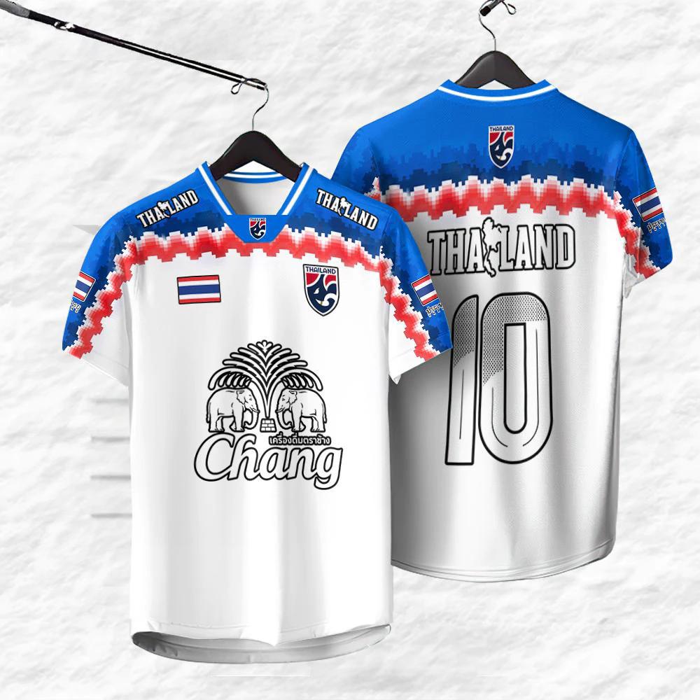 THAILAND Football Soccer V Neck Vintage Shirt National Elephant Logo Badge Map Unisex Men Women JERSEY CHEER Print Quick Dry Short Sleeve Uniform