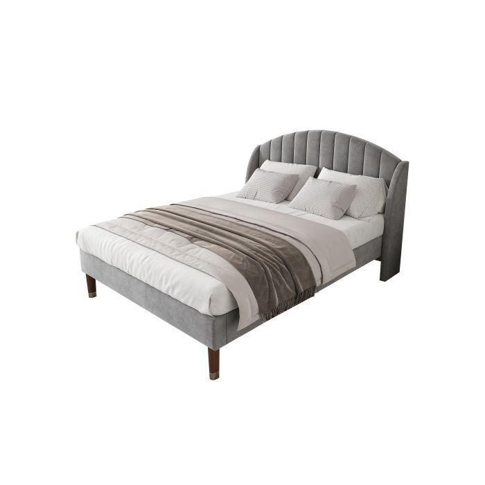 Lit Rembourré, 140*200, Avec Sommier À Lattes Et Tête De Lit, Lit Adolescent, Gris