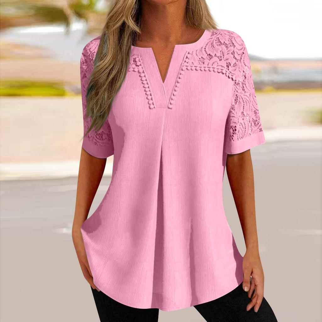 Рубашки с коротким рукавом для женщин, кружевные лоскутные футболки, блузки, повседневные базовые топы, пуловеры