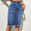 Women Denim Skirt High Waist Button Zipper Fly Multi Pockets Midi Skirt Solid Color Hip Wrapped Tassel Hem Washed Skirt