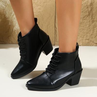 Ботильоны на шнуровке в британском стиле 2025 Зима Новые На толстом каблуке Большого размера Заостренные ботинки Мартин для женщин