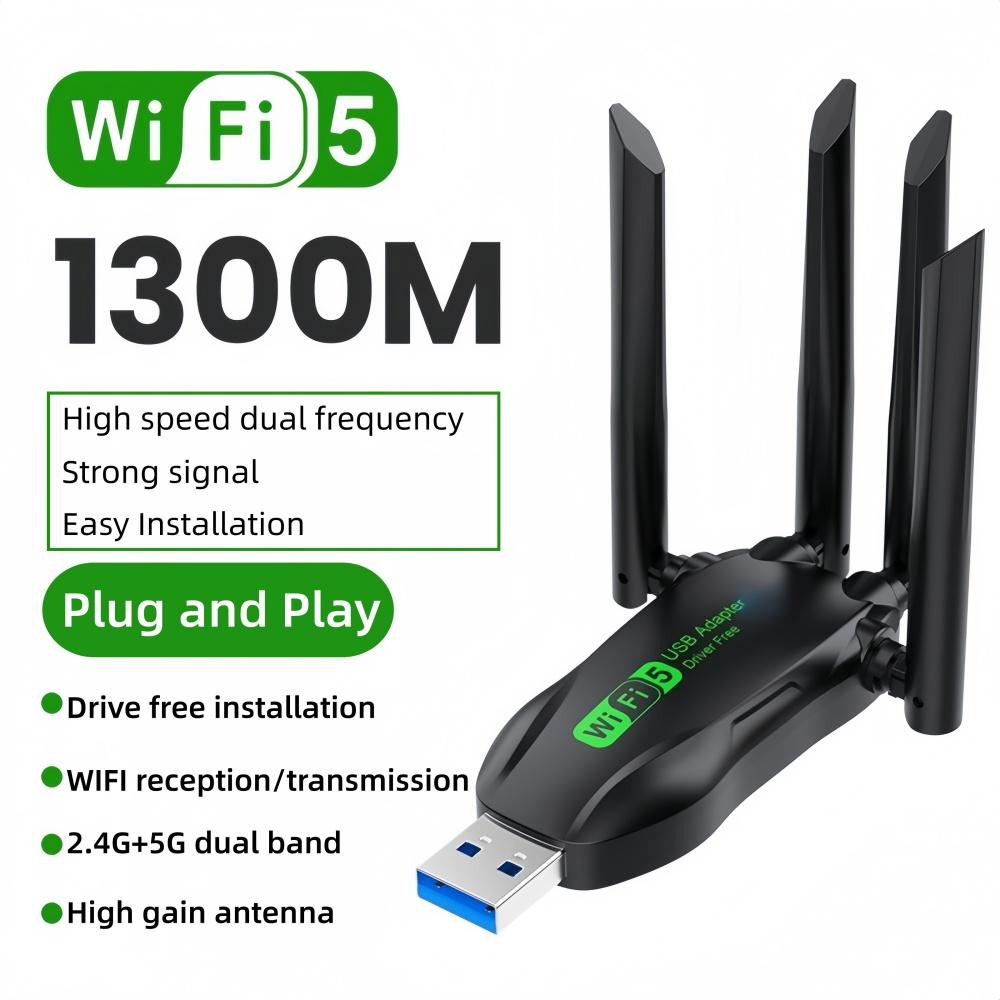 Dual Band 1300Mbps USB Adapter WiFi5 2.4G/5G 4 External Antenna Drive Free USB3.0 Wireless Receiver for Laptops/Desktops