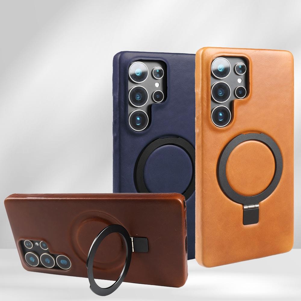Luxury Magnetic Ring Genuine Leather Case For Samsung Galaxy S25 Ultra S24 S25edg S23 S22 S21 S20 S23 Stand Bracket Phone Cases