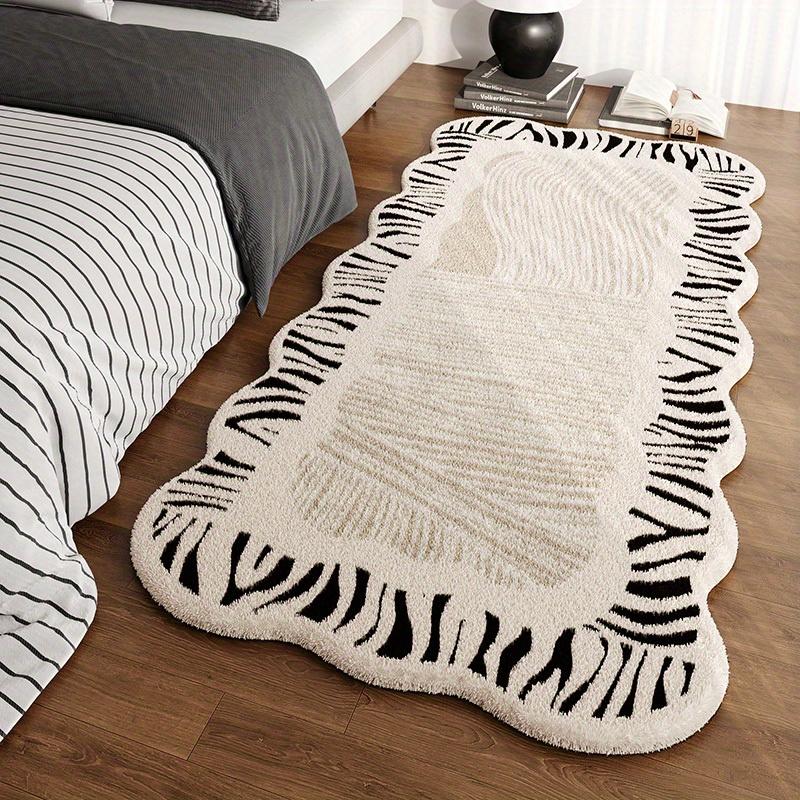 Luxurious Faux Cashmere Area Mat Non-Slip, Irregular Shape, Soft & Fluffy, Black & White Striped Design for Living Room or Bedroom Decor
